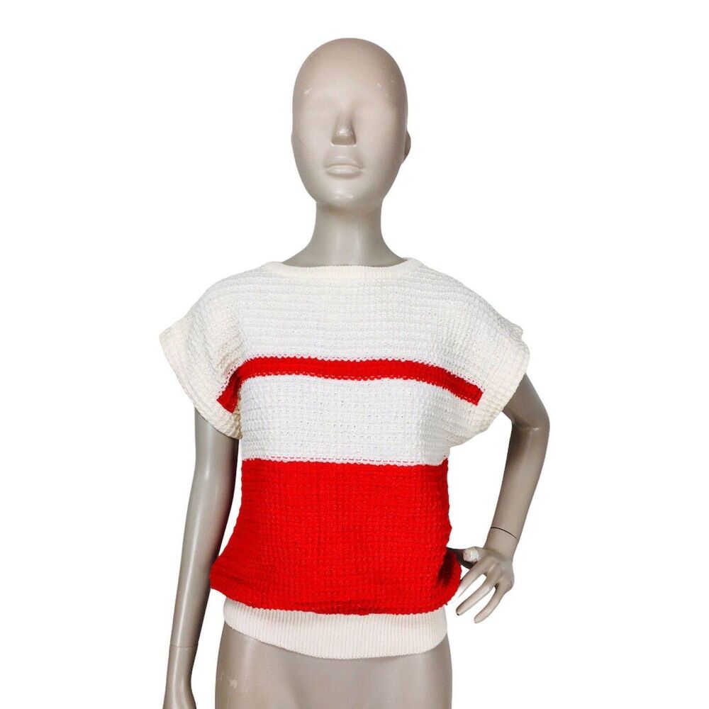 Vintage 80s Liz Sport Color Block Waffle Knit Short Sleeve Pullover Sweater Top - Picture 4 of 7